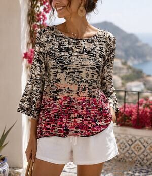 New Dalia blouse abstract 3/4 sleeve tan pink office maximalist vacation artsy S